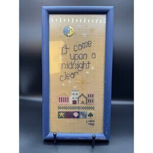 Framed VTG Primitive Style Christmas Cross Stitch, Set of 3